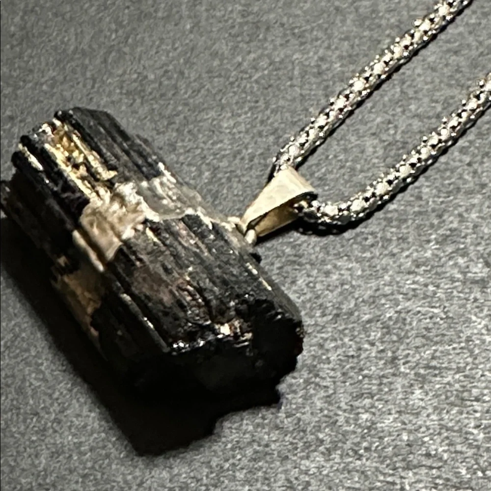 Raw Black Tourmaline Horizontal Pendant Necklace